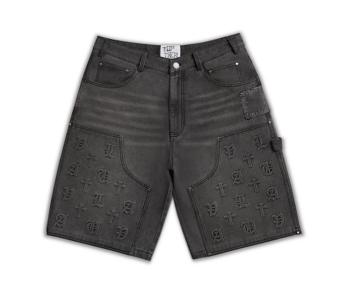 Dark gray denim cargo shorts featuring embossed monogram patterns on the cargo pockets, photographed flat on a white background.