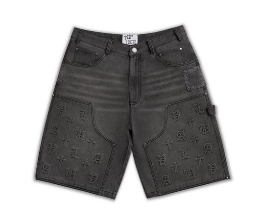 Dark gray denim cargo shorts featuring embossed monogram patterns on the cargo pockets, photographed flat on a white background.