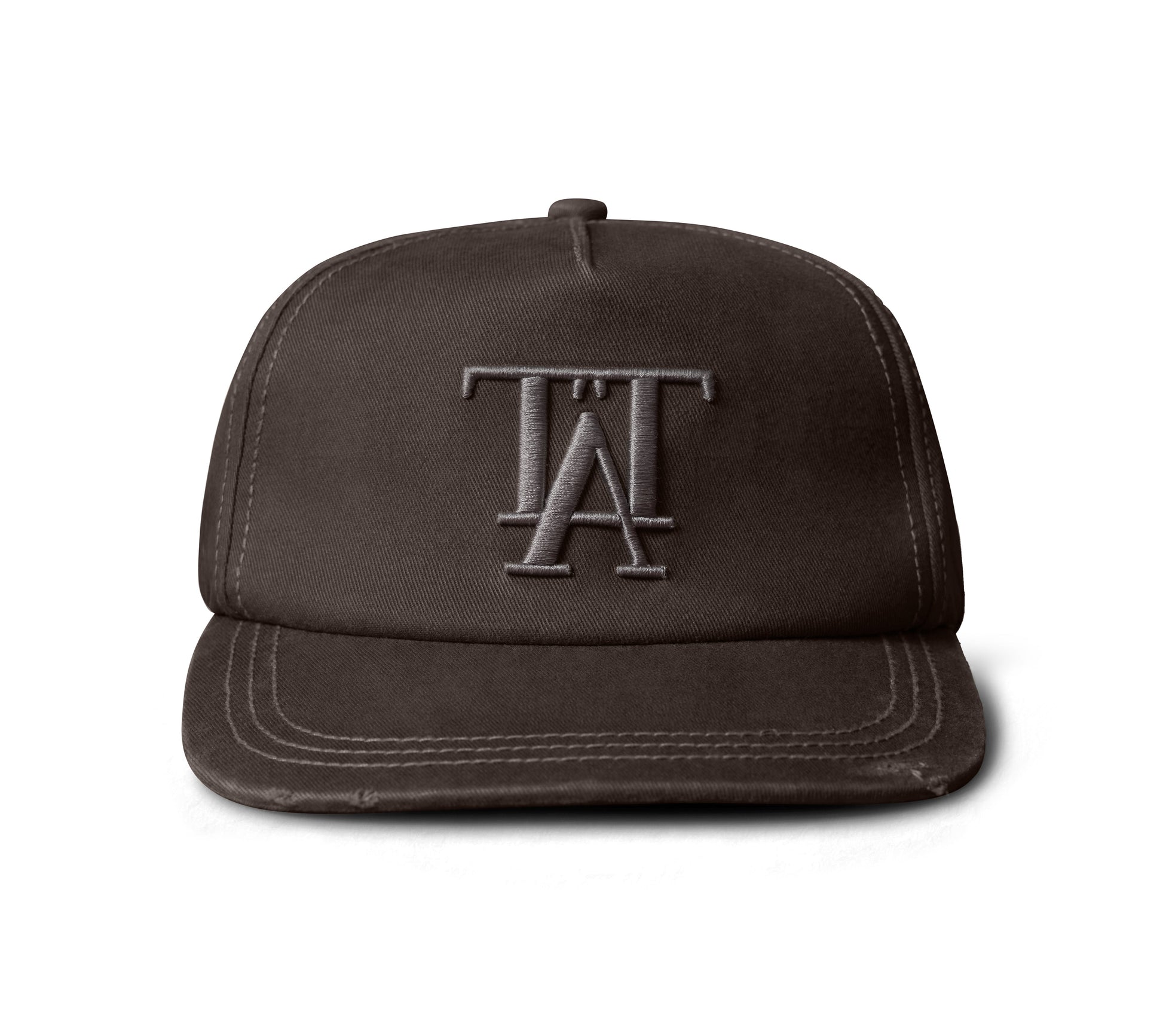 A dark brown structured snapback cap featuring an embroidered tonal gray 'TA' monogram logo on the front, set against a plain white background.